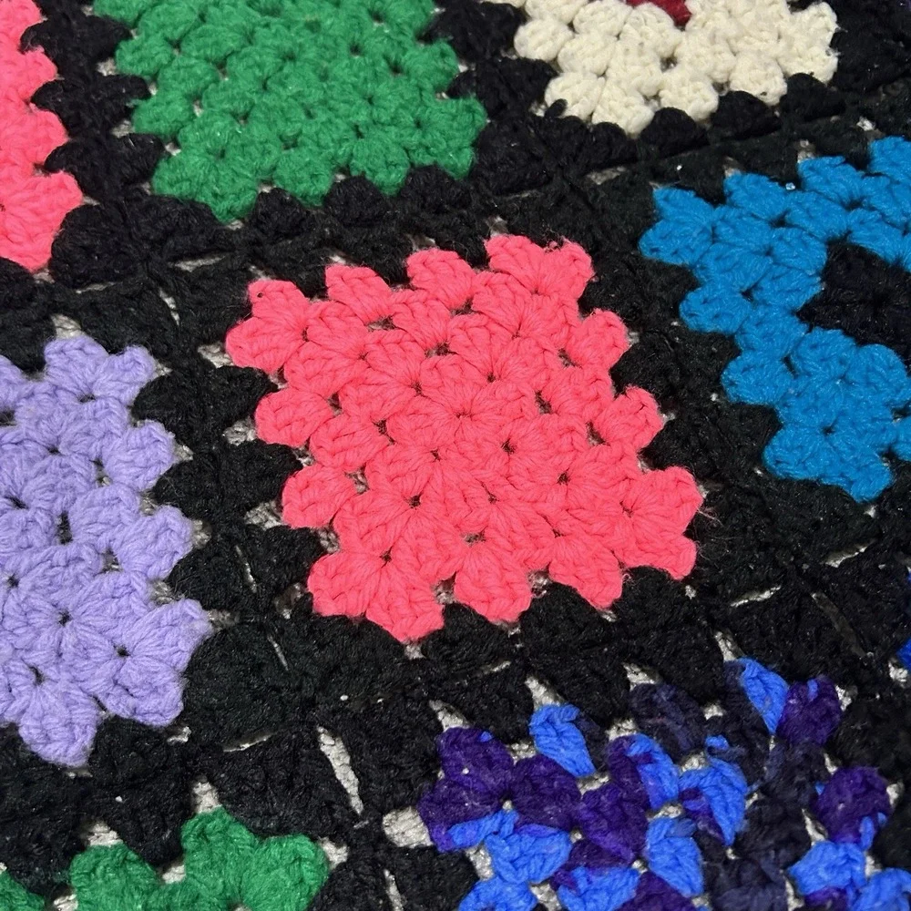 Granny Squares‎ Afghan Black Colorful Handmade Crochet Throw Blanket 68x54
